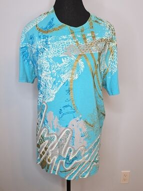 Anama Turquoise Graphic Short Sleeve Tee with Gold Accents